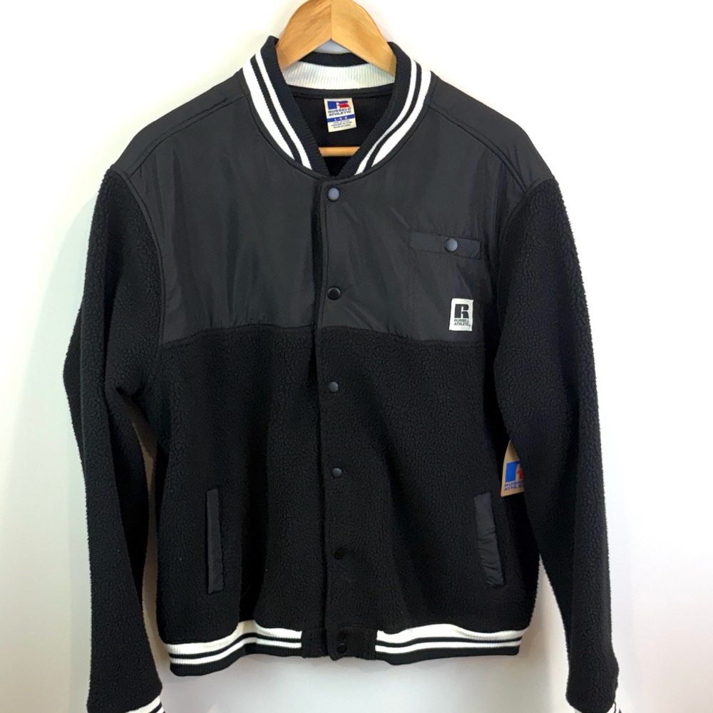 NWT Russell Athletic Black and White fleece Varsity Jacket size L